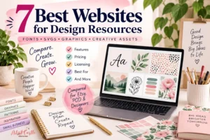 7 best websites for design resources including fonts, SVGs, graphics and creative assets for Etsy and POD designers