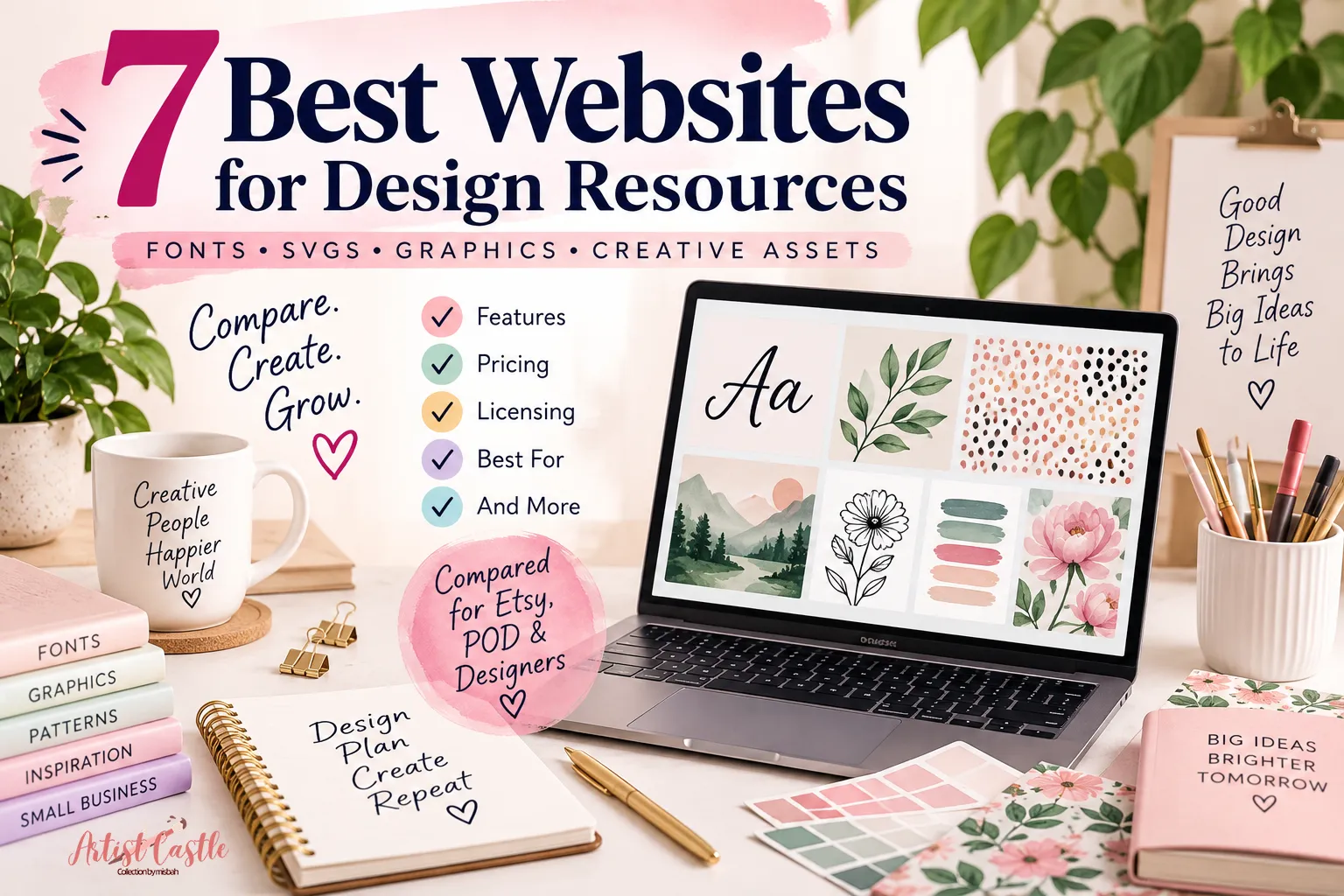 7 best websites for design resources including fonts, SVGs, graphics and creative assets for Etsy and POD designers