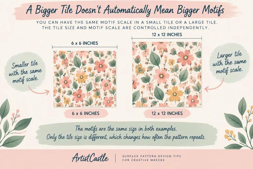 Comparison showing that a bigger pattern repeat tile does not automatically mean bigger motifs