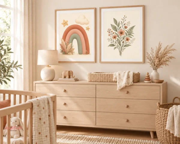 Boho rainbow and floral wall art displayed above a nursery dresser