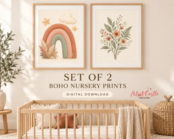 Boho nursery wall art set of two featuring a rainbow and wildflower printable