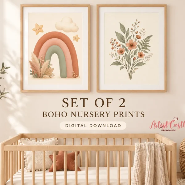 Boho nursery wall art set of two featuring a rainbow and wildflower printable