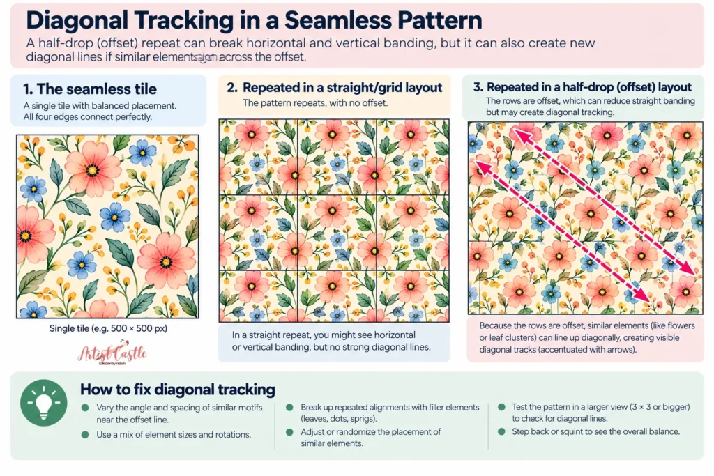 Diagonal tracking in a seamless pattern showing how a half-drop repeat can create visible diagonal lines