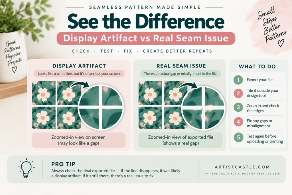 Comparison of a possible display artifact and a real seam gap in a repeating pattern.