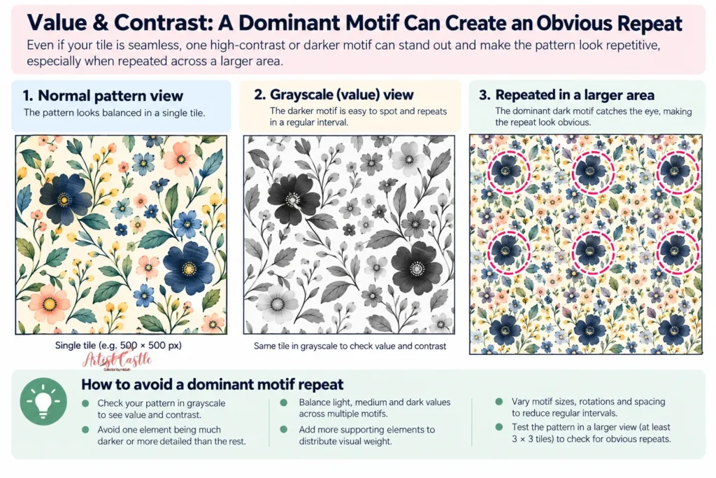 Normal and grayscale views of a seamless pattern showing how a dominant dark motif can make the repeat obvious
