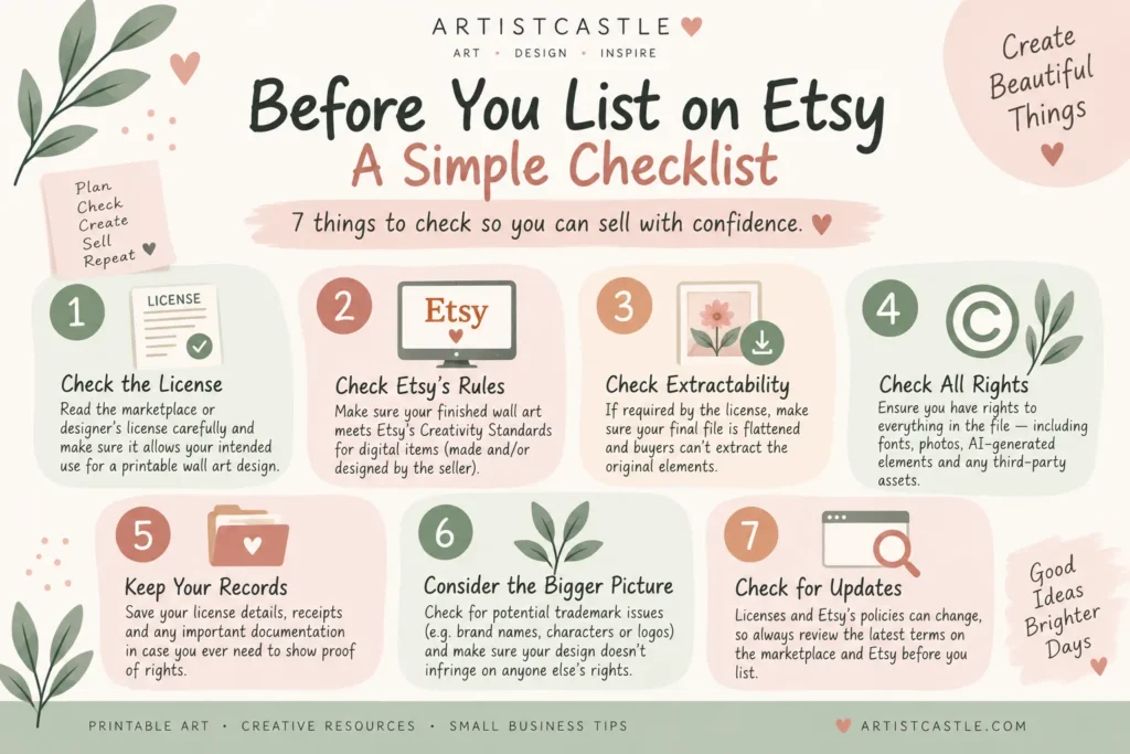 Checklist for reviewing licenses, Etsy rules, file extractability, intellectual property rights and policy updates before listing wall art