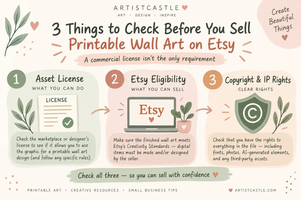 Three checks for selling printable wall art on Etsy: asset license, Etsy eligibility and copyright rights