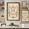 Farmhouse kitchen wall decor featuring a vintage Simmer Stir Savor typography print