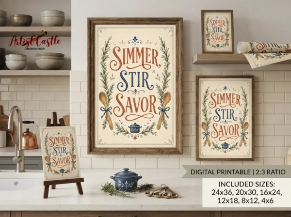 Farmhouse kitchen wall decor featuring a vintage Simmer Stir Savor typography print