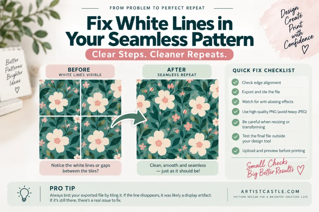 Before-and-after example showing how to fix white lines and gaps in a seamless pattern rep