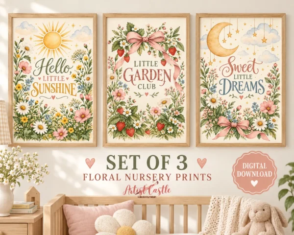 Floral nursery wall art set of 3 printable cottage garden prints