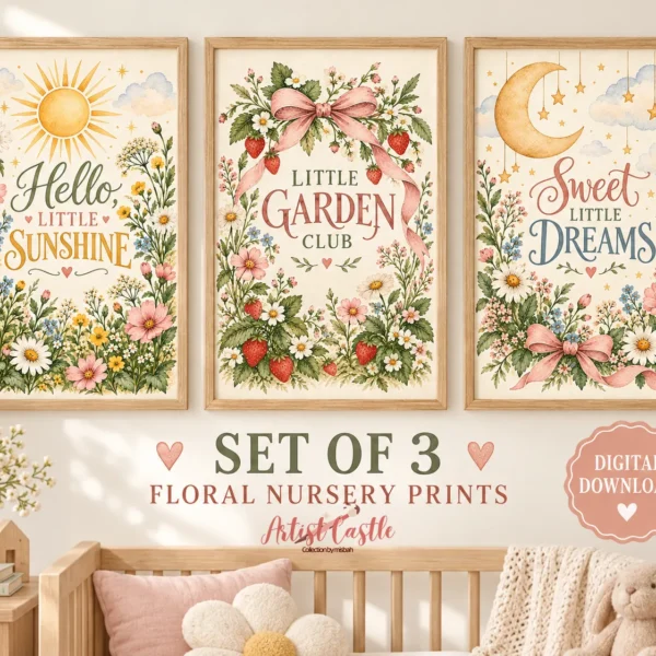 Floral nursery wall art set of 3 printable cottage garden prints