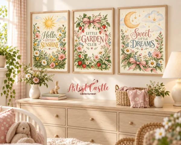 Three framed floral nursery prints featuring Little Sunshine, Garden Club and Sweet Dreams