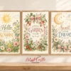 Cottagecore floral wall art set displayed above a wooden nursery dresser