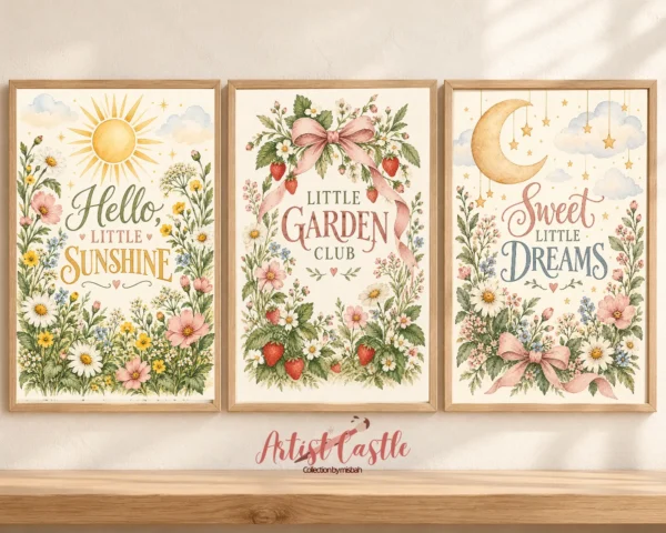 Cottagecore floral wall art set displayed above a wooden nursery dresser