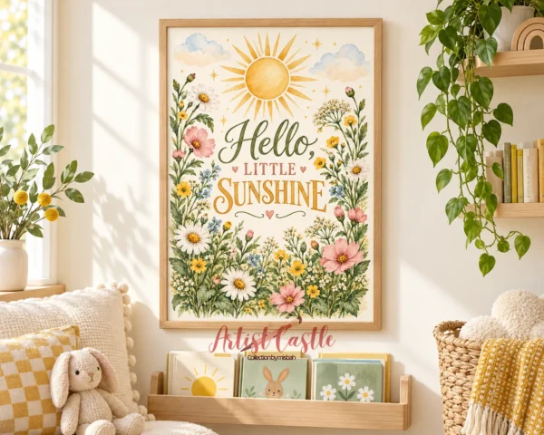 Hello Little Sunshine floral wall art displayed in a bright nursery reading corner