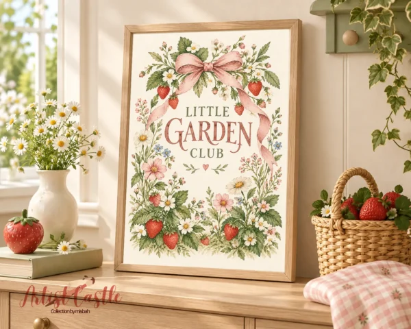 Little Garden Club strawberry and floral print displayed in a cottagecore nursery