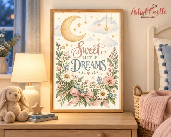 Sweet Little Dreams moon and floral wall art displayed in a peaceful bedtime nursery