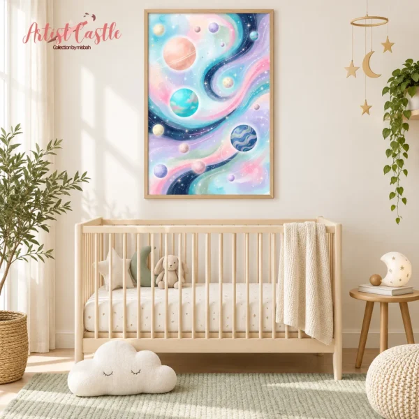 Pastel galaxy wall-art set displayed above furniture in a child’s bedroom
