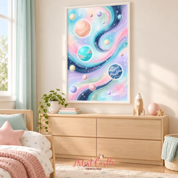 Pastel galaxy wall-art set displayed above furniture in a child’s bedroom - Printable size for 2:3 ratio space nursery wall art