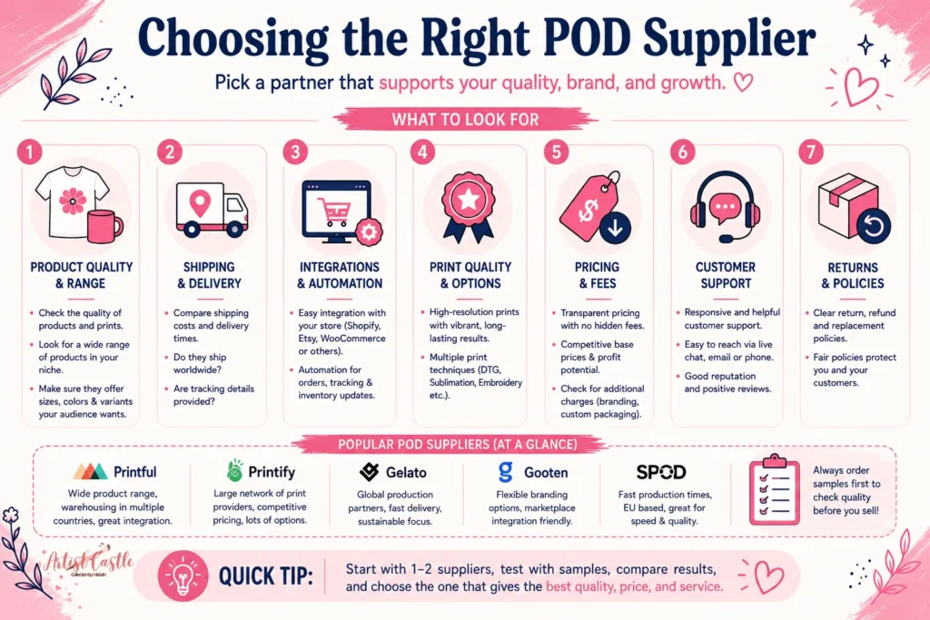 Checklist for choosing a print-on-demand supplier based on product quality, shipping, integrations, printing options, pricing, support and return policies