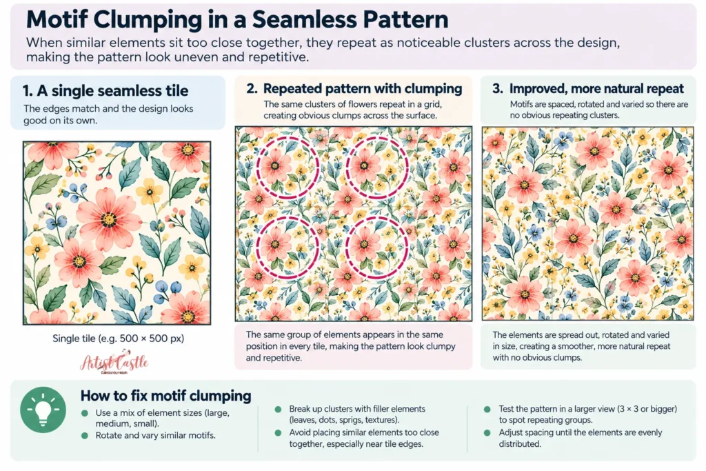 Seamless floral pattern showing repeated motif clumps compared with a more naturally distributed repeat