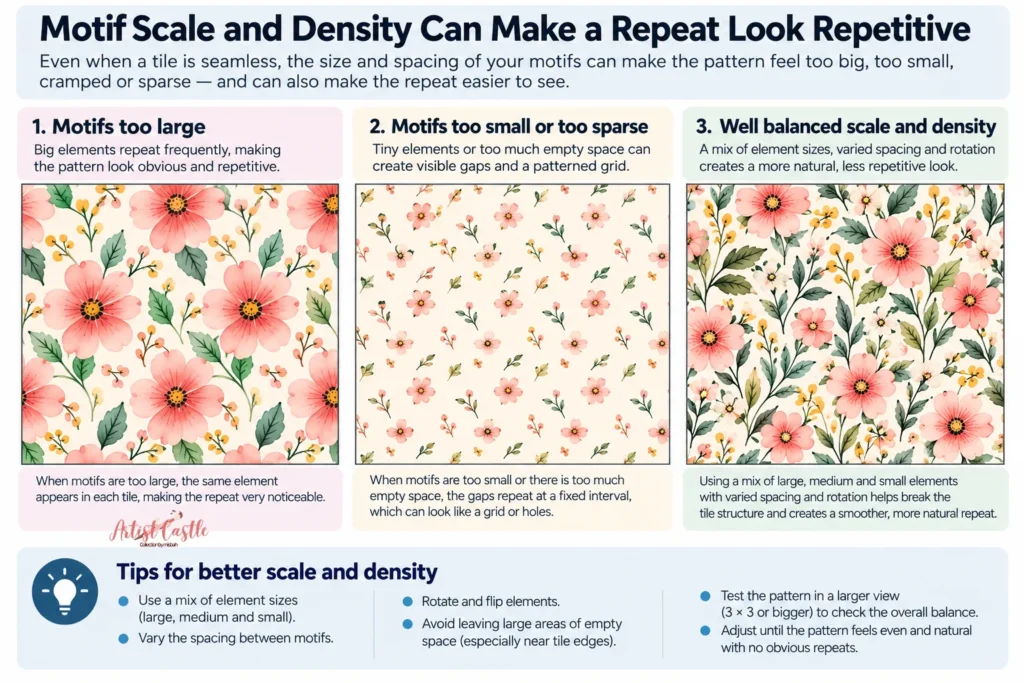 Comparison showing how motif scale and spacing affect the visibility and balance of a seamless pattern repeat