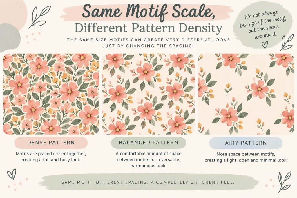 Same motif scale shown with dense, balanced and airy pattern spacing to explain pattern density