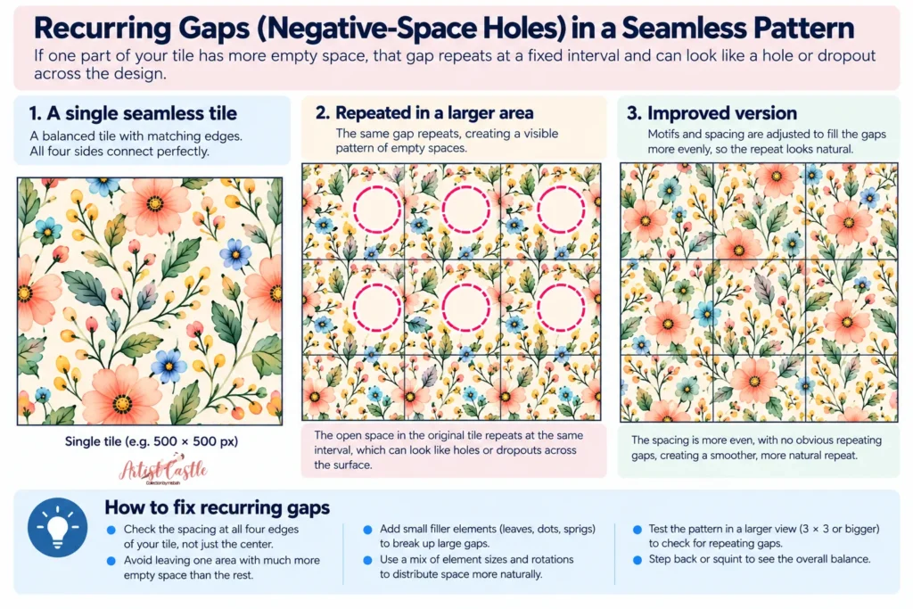 Seamless pattern showing recurring negative-space gaps compared with an improved repeat with more balanced spacing