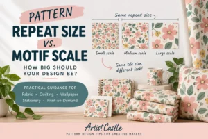 Pattern repeat size vs motif scale guide showing different pattern scales for fabric and surface design