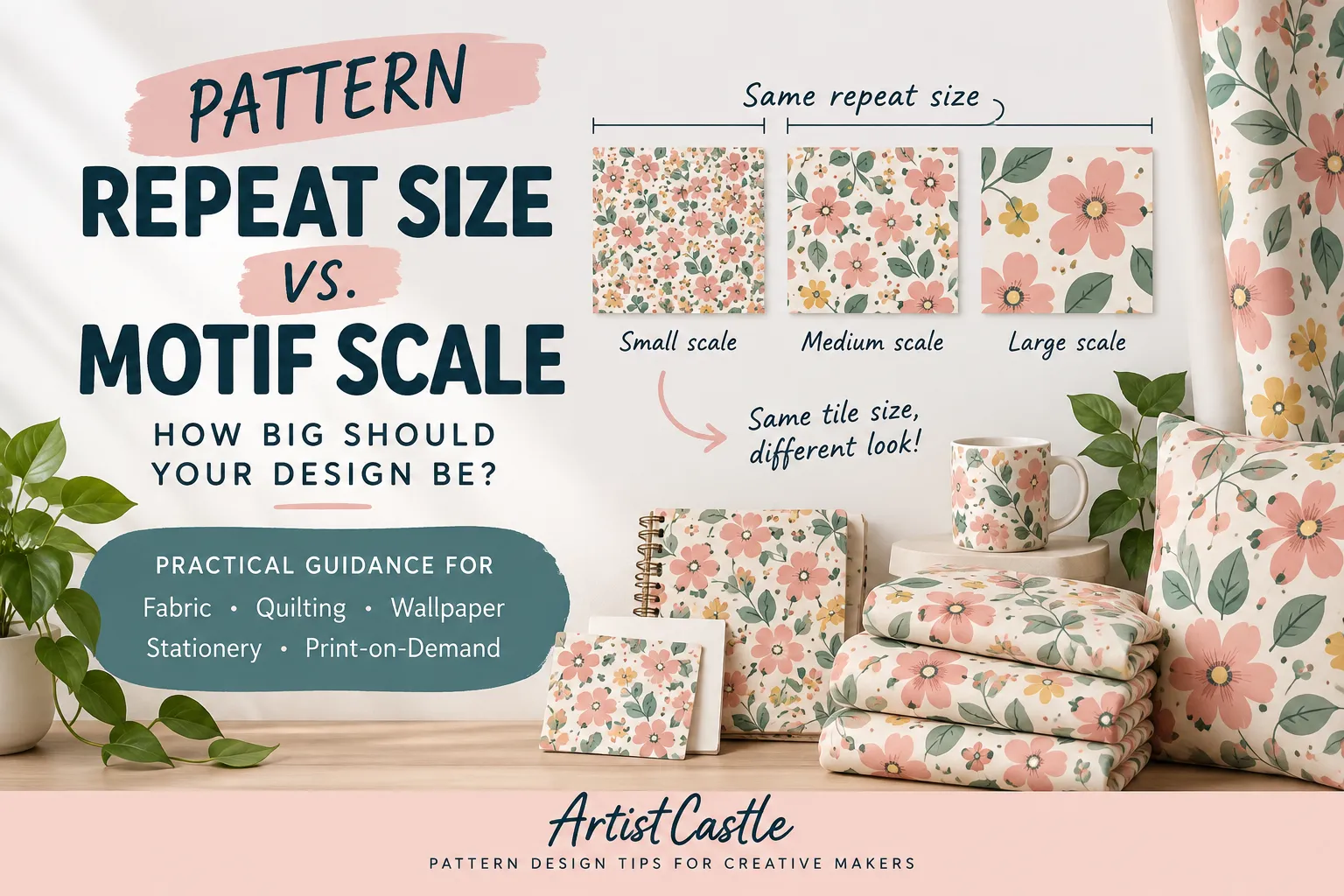 Pattern repeat size vs motif scale guide showing different pattern scales for fabric and surface design