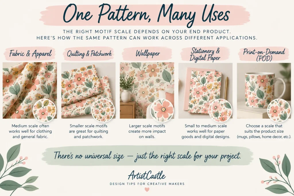 Floral pattern shown at different motif scales for apparel, quilting, wallpaper, stationery and print-on-demand products