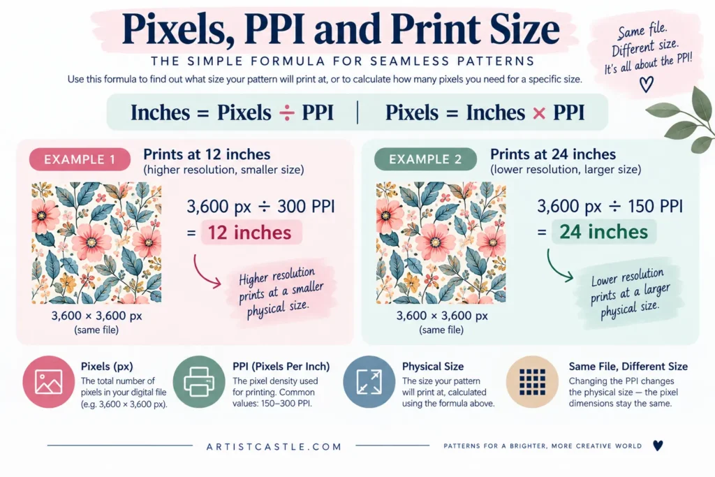 Pixels and PPI formula showing how a 3600 px seamless pattern prints at different physical sizes.