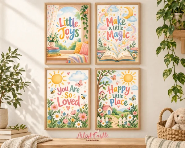Four framed positive quote prints for a colorful children’s room