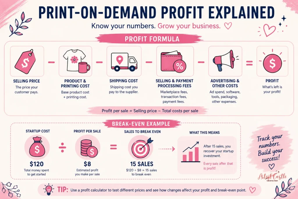 Print-on-demand profit infographic showing selling price, product costs, shipping, selling fees, advertising costs and break-even calculation