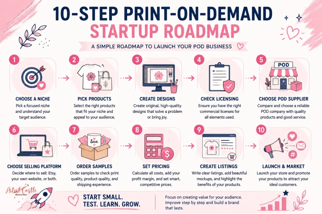 10-step print-on-demand startup roadmap covering niche, products, designs, licensing, supplier, selling platform, samples, pricing, listings and marketing
