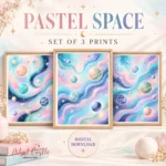 Three coordinating printable celestial wall-art designs shown together