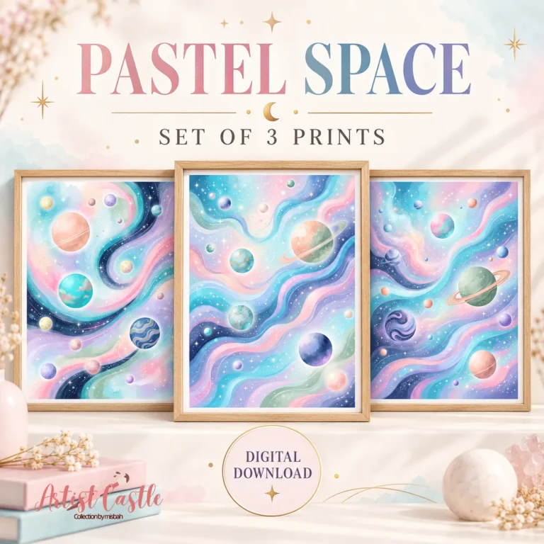 Three coordinating printable celestial wall-art designs shown together