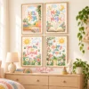 Colorful printable wall art set displayed in a cheerful kids bedroom