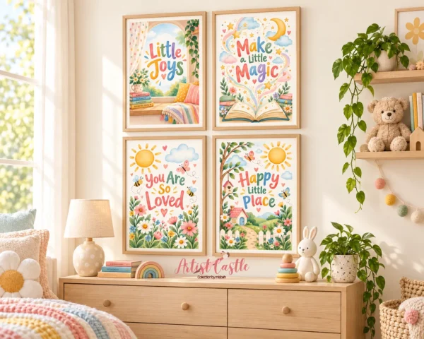 Colorful printable wall art set displayed in a cheerful kids bedroom