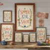 Printable kitchen quote wall art styled in a warm vintage inspired kitchen interior