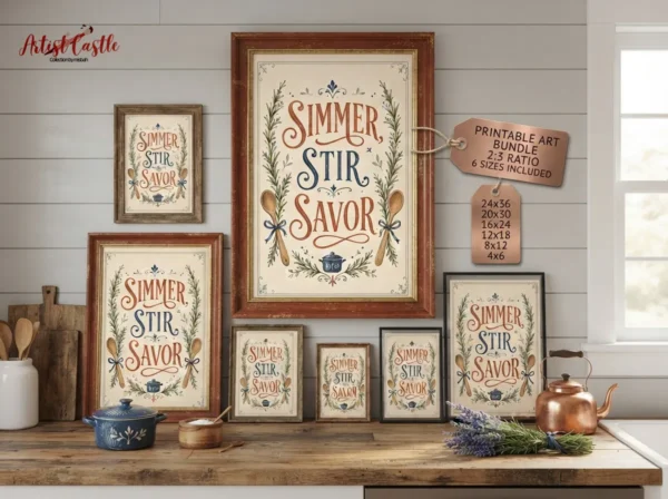 Printable kitchen quote wall art styled in a warm vintage inspired kitchen interior