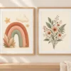 Framed rainbow and wildflower nursery prints displayed as a coordinating set