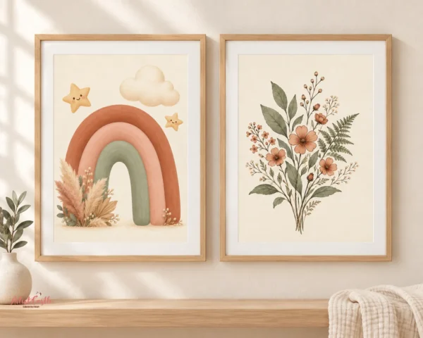 Framed rainbow and wildflower nursery prints displayed as a coordinating set