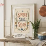 Rustic kitchen printable art with terracotta and navy typography and botanical illustrations