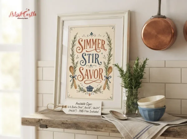 Rustic kitchen printable art with terracotta and navy typography and botanical illustrations