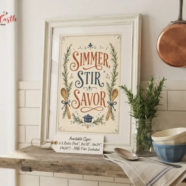 Rustic kitchen printable art with terracotta and navy typography and botanical illustrations