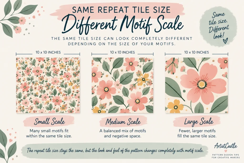 Same repeat tile size showing small, medium and large motif scales in a floral seamless pattern