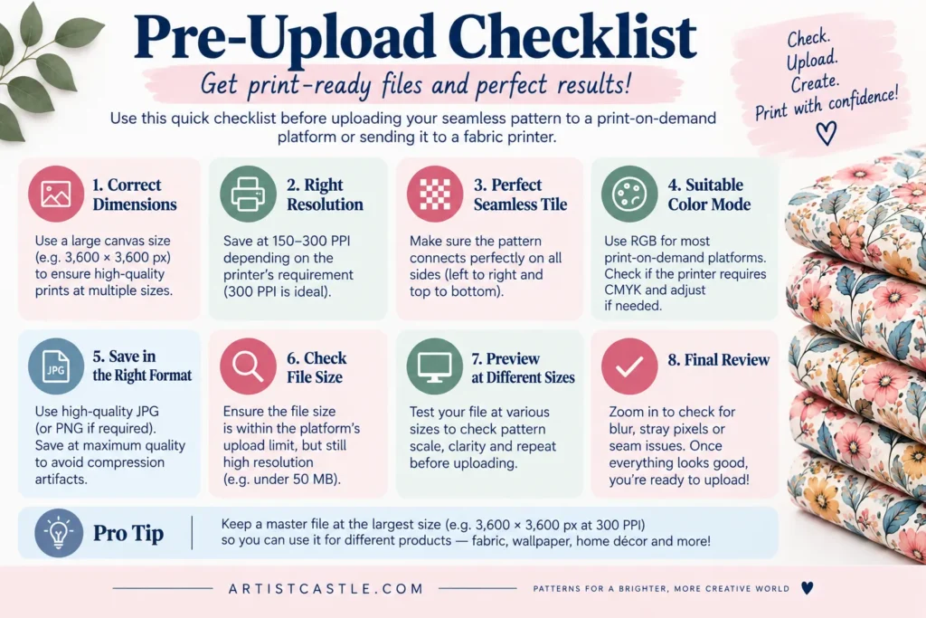 Pre-upload checklist for preparing seamless pattern files for fabric printing and print-on-demand.