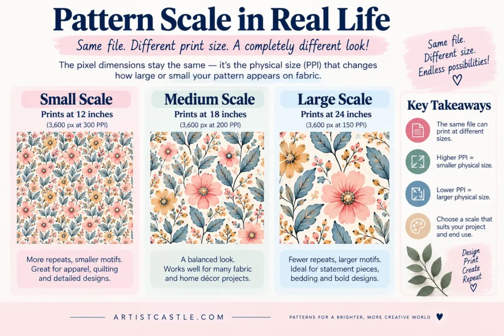 Seamless floral pattern shown at small, medium and large scales for fabric printing.